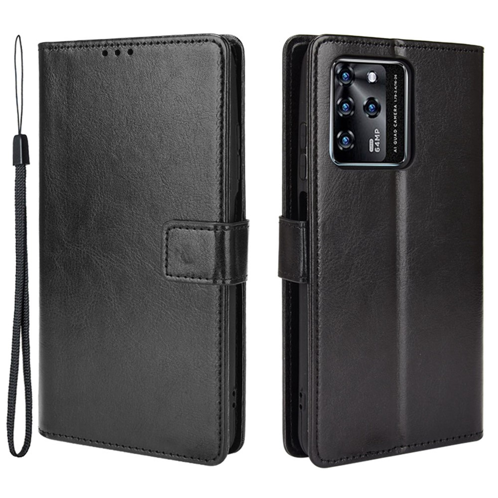Stand Crazy Horse Texture PU Leather Flip Folio Wallet Magnetic Anti-Scratch Case with Wrist Strap for ZTE Blade V30 - Black-1