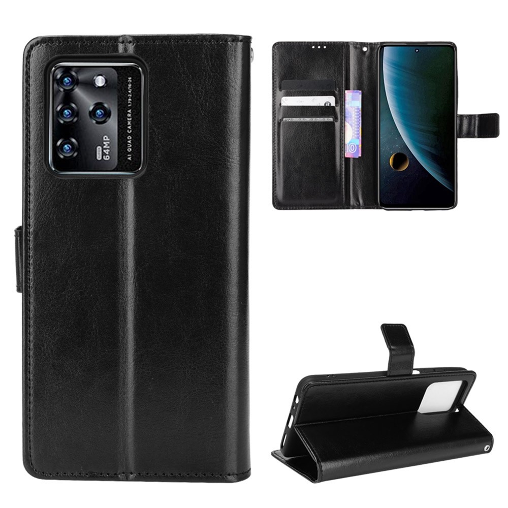 Stand Crazy Horse Texture PU Leather Flip Folio Wallet Magnetic Anti-Scratch Case with Wrist Strap for ZTE Blade V30 - Black-8