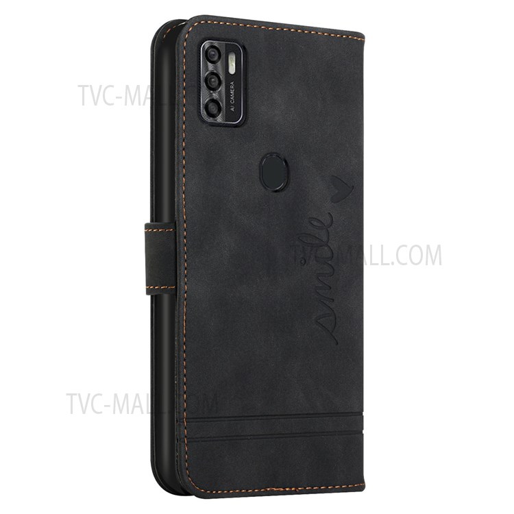003 Series Heart Shape Imprinted Pattern PU Leather Magnetic Skin-touch Stand Flip Wallet Phone Case with Strap for ZTE Blade A7s 2020 - Black-3