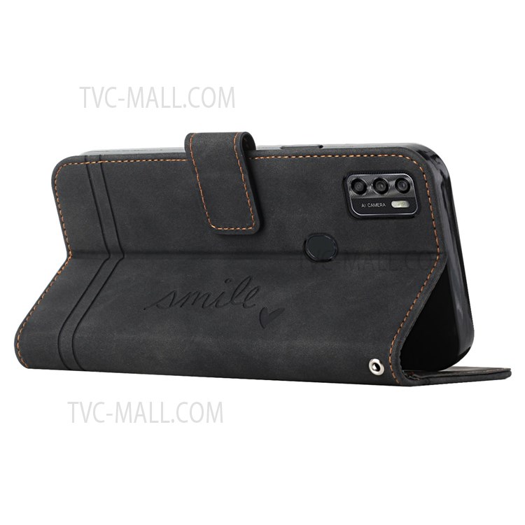 003 Series Heart Shape Imprinted Pattern PU Leather Magnetic Skin-touch Stand Flip Wallet Phone Case with Strap for ZTE Blade A7s 2020 - Black-5