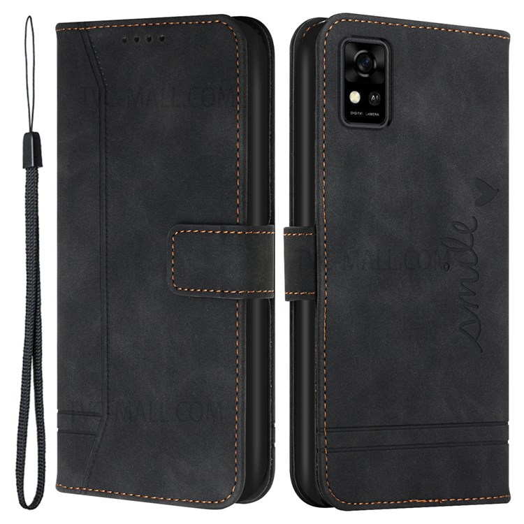 003 Series Scratch-resistant PU Leather Heart Shape Imprinted Skin-touch Stand Flip Wallet Phone Case with Strap for ZTE Blade A31 - Black-1