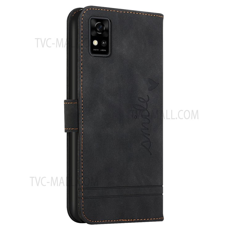 003 Series Scratch-resistant PU Leather Heart Shape Imprinted Skin-touch Stand Flip Wallet Phone Case with Strap for ZTE Blade A31 - Black-3