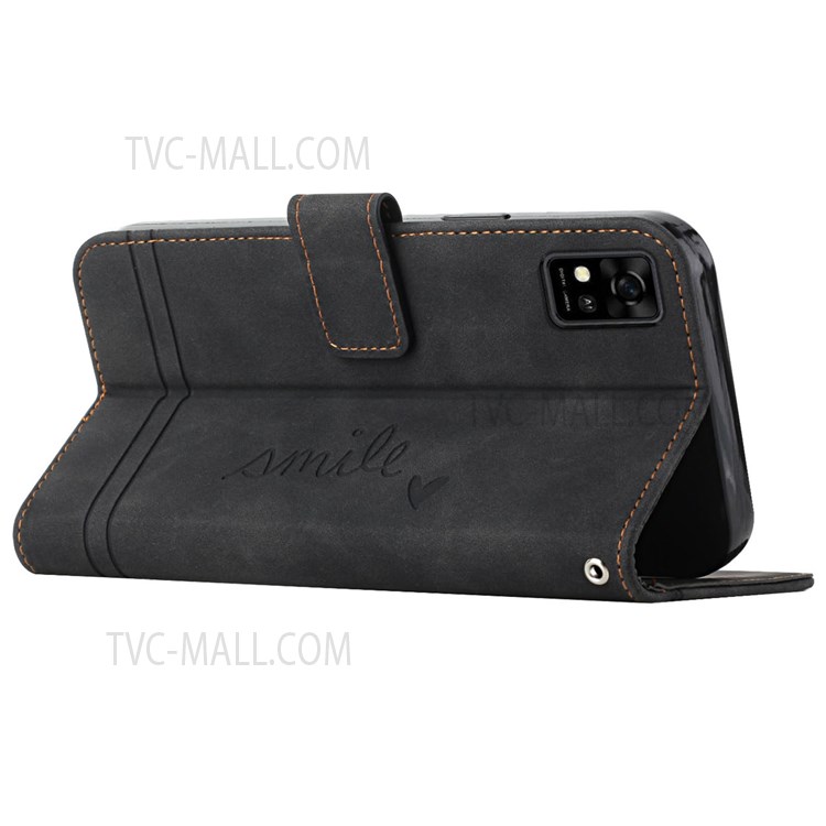 003 Series Scratch-resistant PU Leather Heart Shape Imprinted Skin-touch Stand Flip Wallet Phone Case with Strap for ZTE Blade A31 - Black-5