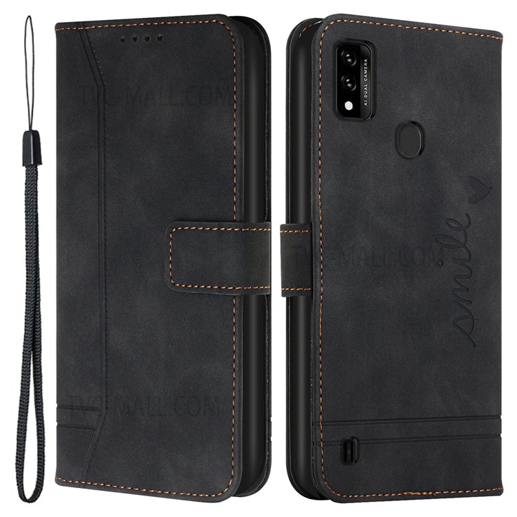 003 Series For ZTE Blade A51 Flip Phone Shell PU Leather Heart Shape Imprinted Magnetic Skin-touch Stand Wallet Phone Case with Strap - Black-1