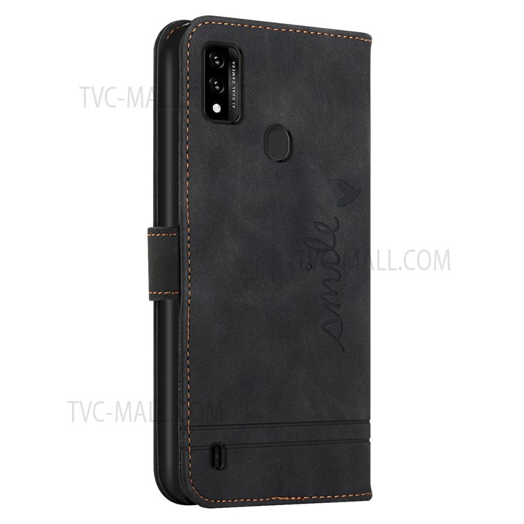 003 Series For ZTE Blade A51 Flip Phone Shell PU Leather Heart Shape Imprinted Magnetic Skin-touch Stand Wallet Phone Case with Strap - Black-3