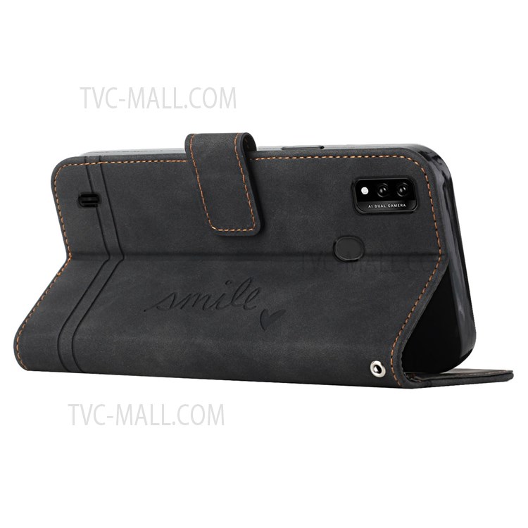 003 Series For ZTE Blade A51 Flip Phone Shell PU Leather Heart Shape Imprinted Magnetic Skin-touch Stand Wallet Phone Case with Strap - Black-5