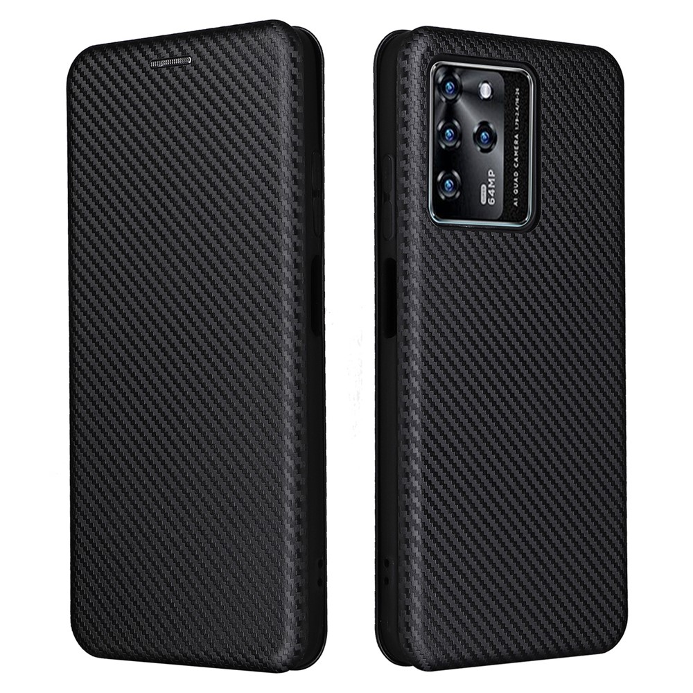 For ZTE Blade V30 Carbon Fiber Texture Anti-fingerprint Auto-absorbed Magnetic Closure Leather Stand Phone Case Shell - Black-1
