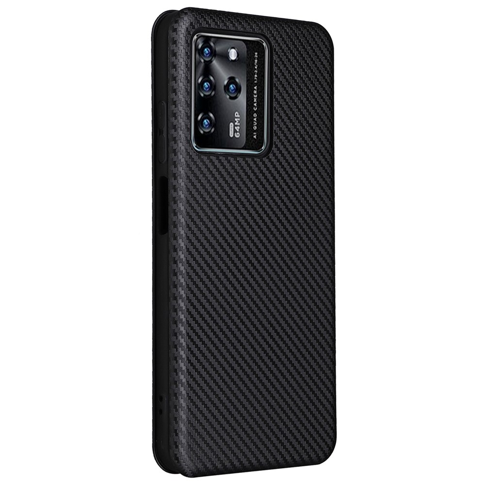 For ZTE Blade V30 Carbon Fiber Texture Anti-fingerprint Auto-absorbed Magnetic Closure Leather Stand Phone Case Shell - Black-3