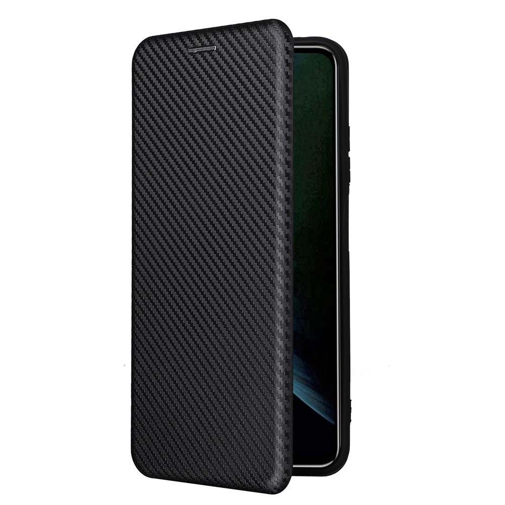 For ZTE Blade V30 Carbon Fiber Texture Anti-fingerprint Auto-absorbed Magnetic Closure Leather Stand Phone Case Shell - Black-7