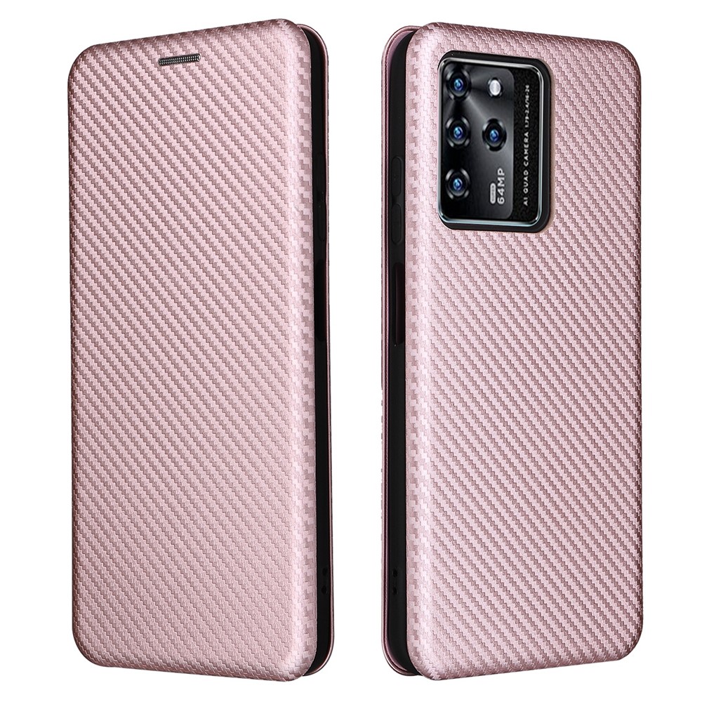 For ZTE Blade V30 Carbon Fiber Texture Anti-fingerprint Auto-absorbed Magnetic Closure Leather Stand Phone Case Shell - Rose Gold-1