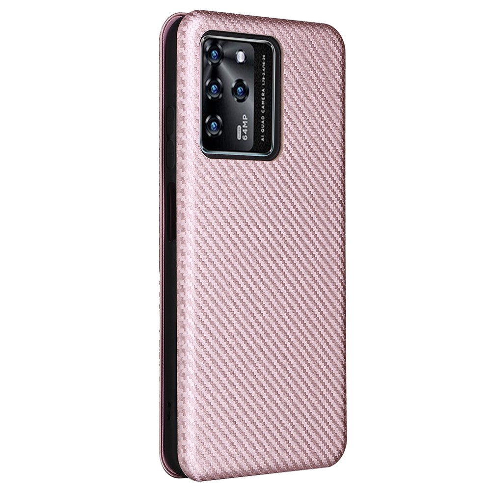 For ZTE Blade V30 Carbon Fiber Texture Anti-fingerprint Auto-absorbed Magnetic Closure Leather Stand Phone Case Shell - Rose Gold-3