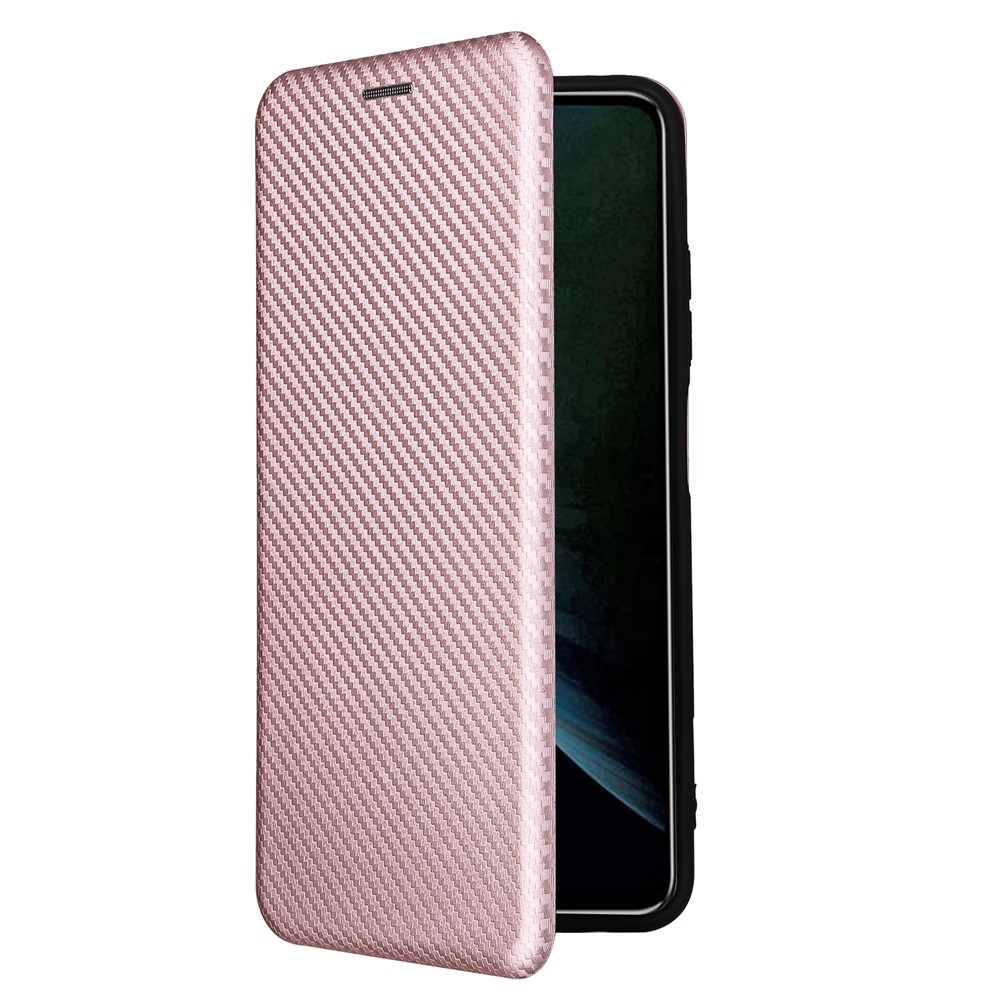 For ZTE Blade V30 Carbon Fiber Texture Anti-fingerprint Auto-absorbed Magnetic Closure Leather Stand Phone Case Shell - Rose Gold-7