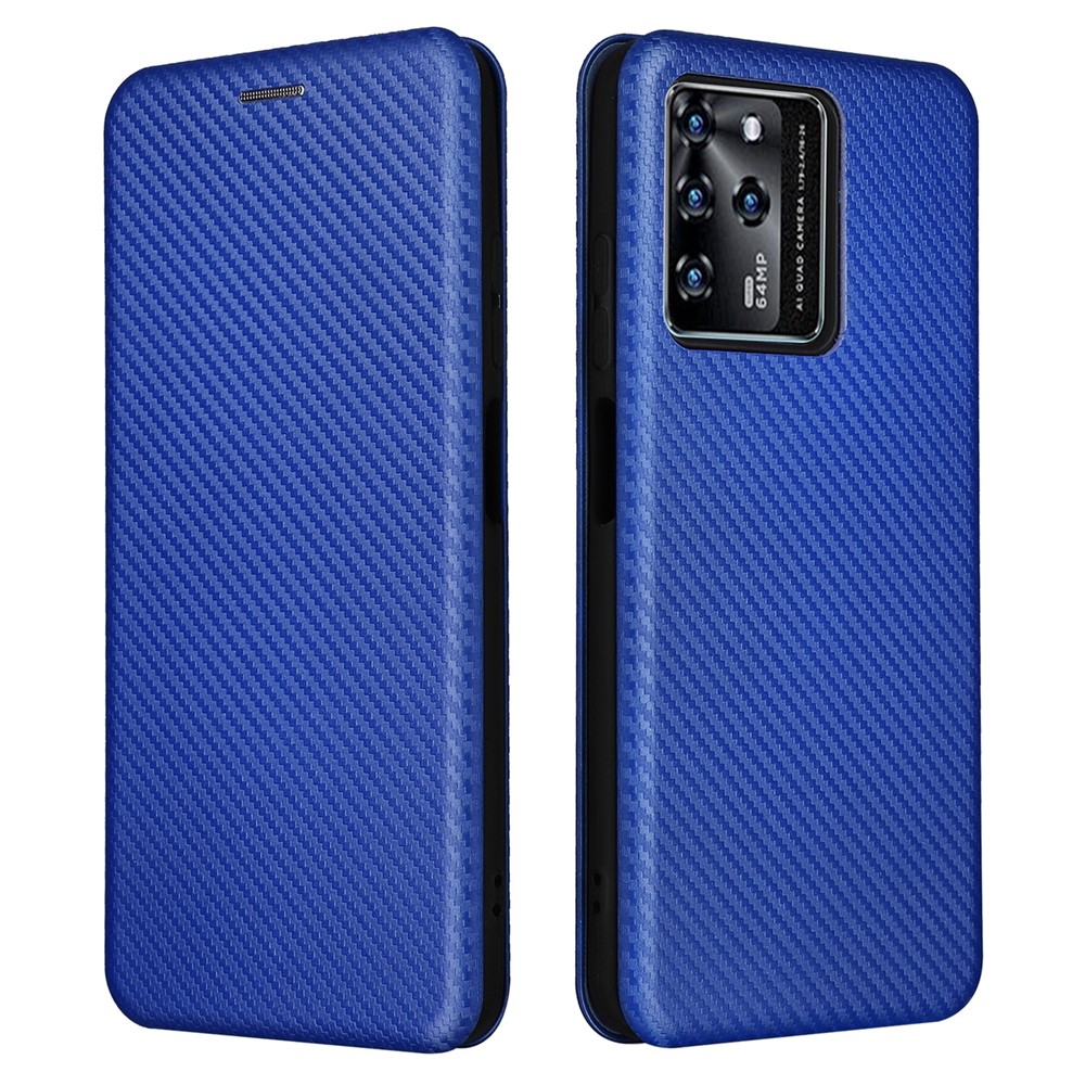 For ZTE Blade V30 Carbon Fiber Texture Anti-fingerprint Auto-absorbed Magnetic Closure Leather Stand Phone Case Shell - Blue-1