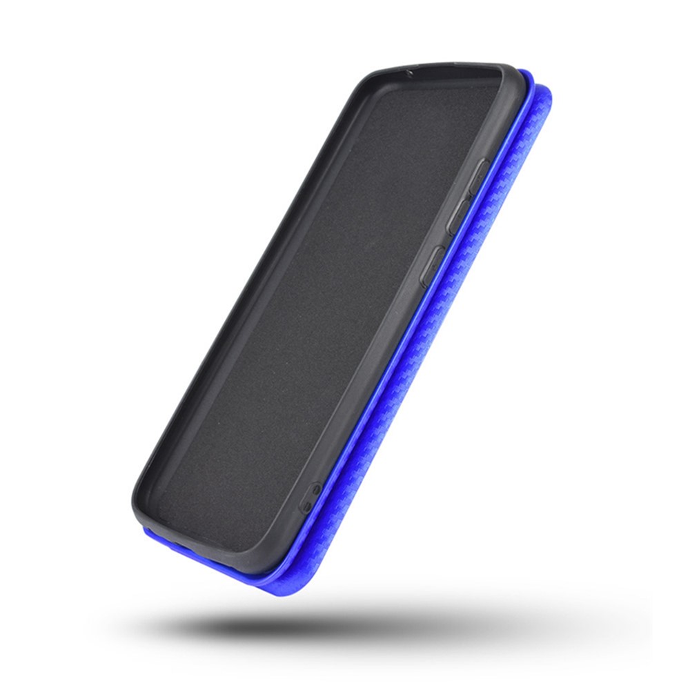 For ZTE Blade V30 Carbon Fiber Texture Anti-fingerprint Auto-absorbed Magnetic Closure Leather Stand Phone Case Shell - Blue-12