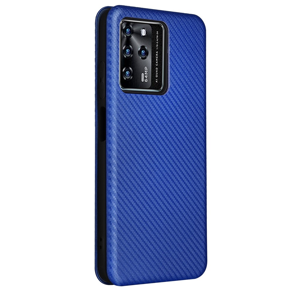 For ZTE Blade V30 Carbon Fiber Texture Anti-fingerprint Auto-absorbed Magnetic Closure Leather Stand Phone Case Shell - Blue-3