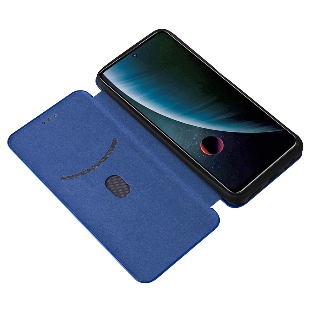 For ZTE Blade V30 Carbon Fiber Texture Anti-fingerprint Auto-absorbed Magnetic Closure Leather Stand Phone Case Shell - Blue-6
