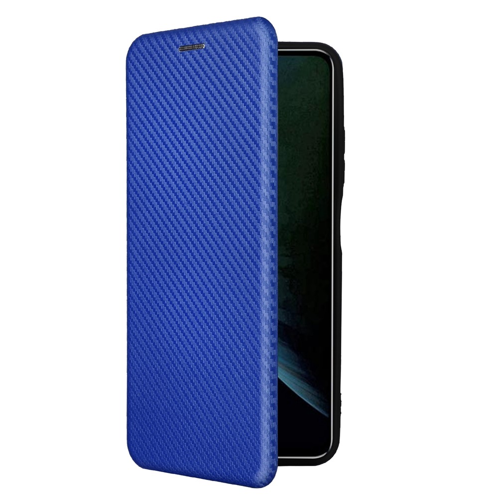 For ZTE Blade V30 Carbon Fiber Texture Anti-fingerprint Auto-absorbed Magnetic Closure Leather Stand Phone Case Shell - Blue-7