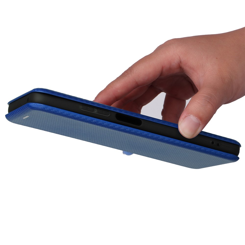 For ZTE Blade V30 Carbon Fiber Texture Anti-fingerprint Auto-absorbed Magnetic Closure Leather Stand Phone Case Shell - Blue-8