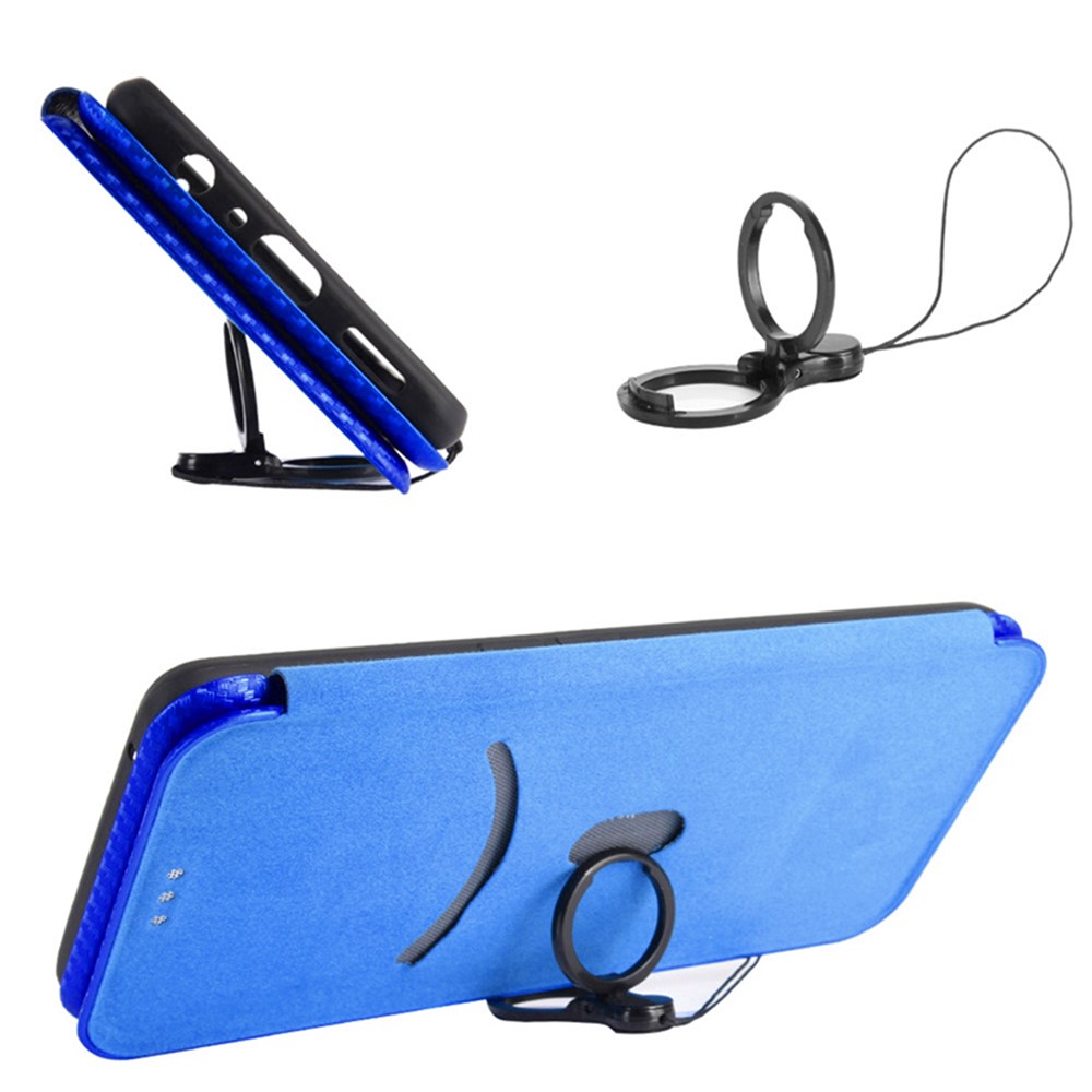 For ZTE Blade V30 Carbon Fiber Texture Anti-fingerprint Auto-absorbed Magnetic Closure Leather Stand Phone Case Shell - Blue-9