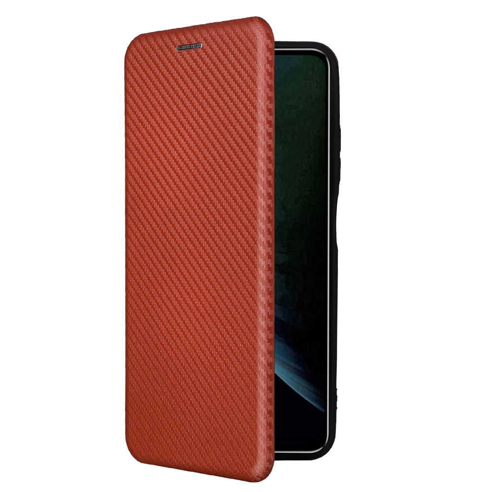 For ZTE Blade V30 Carbon Fiber Texture Anti-fingerprint Auto-absorbed Magnetic Closure Leather Stand Phone Case Shell - Orange-7