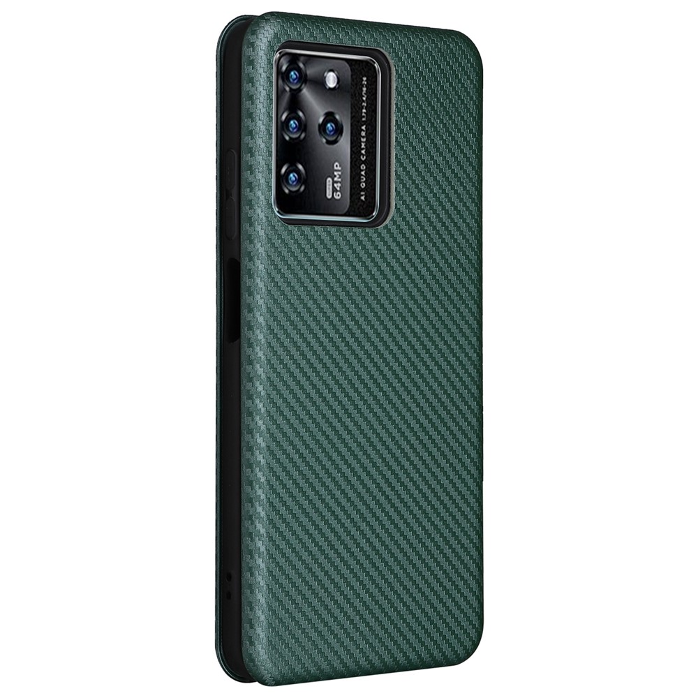 For ZTE Blade V30 Carbon Fiber Texture Anti-fingerprint Auto-absorbed Magnetic Closure Leather Stand Phone Case Shell - Green-3