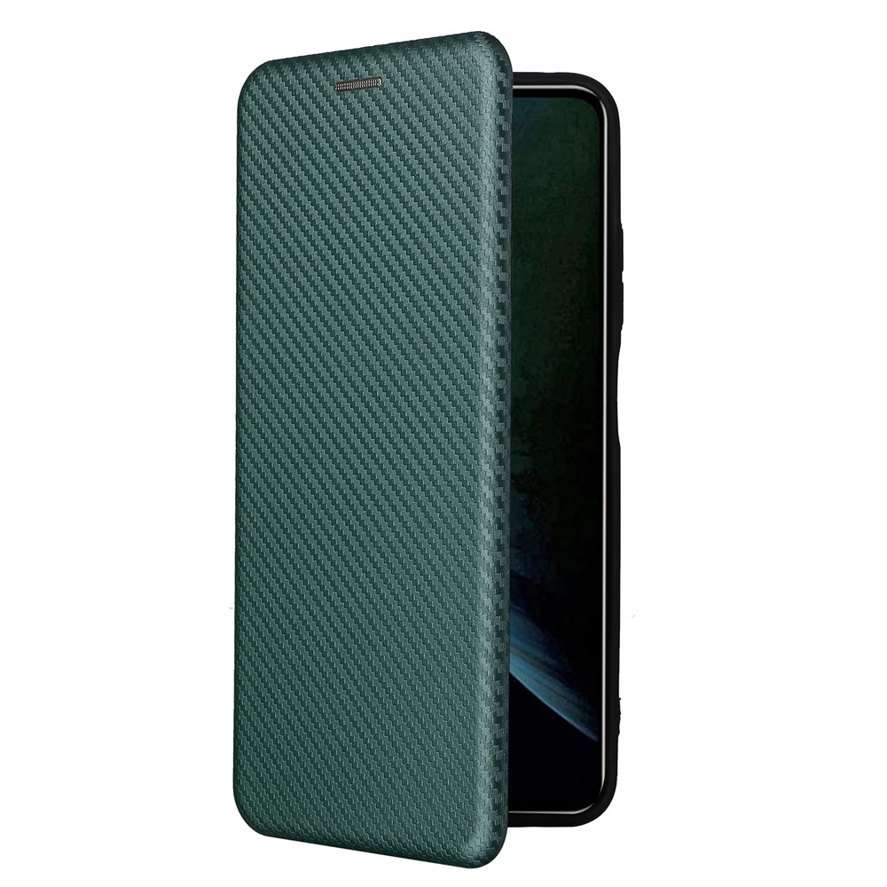 For ZTE Blade V30 Carbon Fiber Texture Anti-fingerprint Auto-absorbed Magnetic Closure Leather Stand Phone Case Shell - Green-7