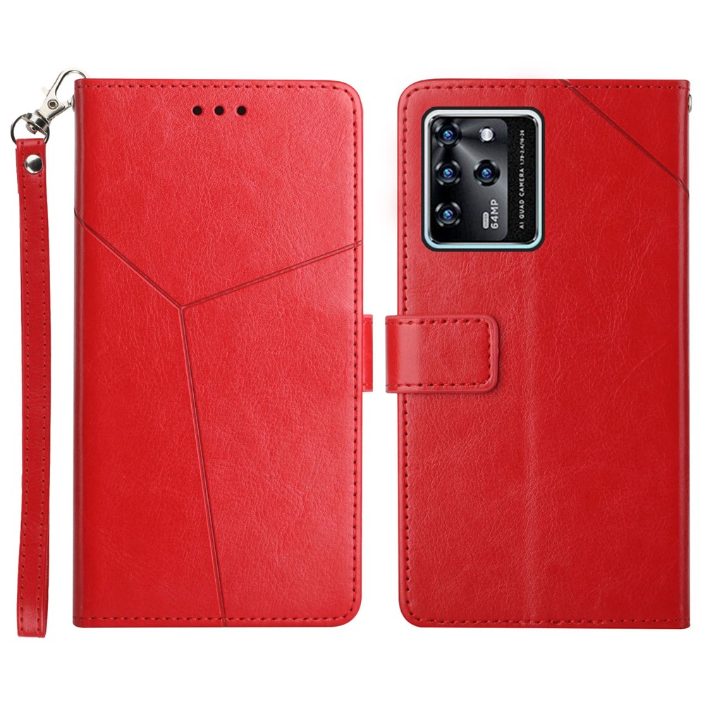 Magnetic Closure Imprinted Y-shaped Lines PU Leather Stand Flip Wallet Phone Cover with Strap for ZTE Blade V30 - Red-1