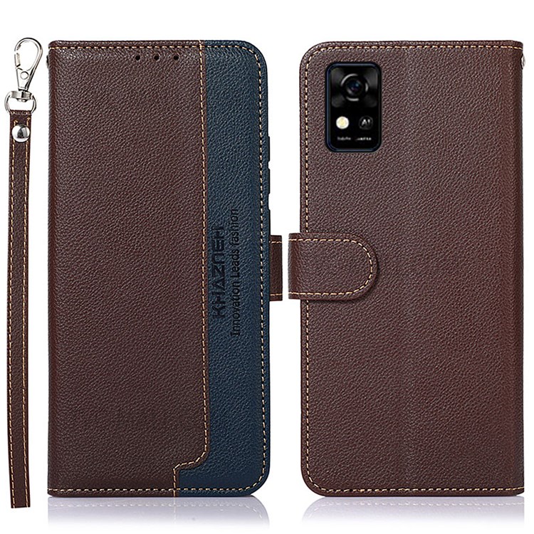 KHAZNEH Flip Phone Cover Litchi Texture Protective RFID Blocking Anti-theft Swiping Leather Case Wallet with Stand Wallet for ZTE A31 - Brown-1