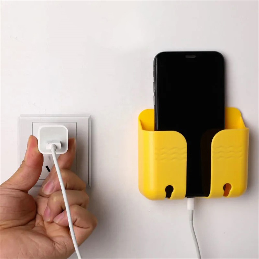 Remote Control Power Cord Holder Adhesive Wall Bracket with Two Hooks for Mobile Phone Charging - Yellow-2