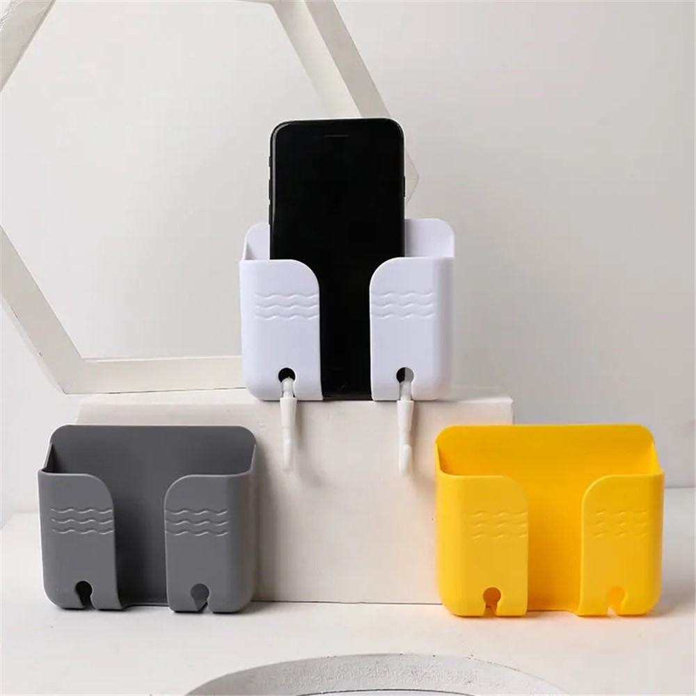 Remote Control Power Cord Holder Adhesive Wall Bracket with Two Hooks for Mobile Phone Charging - Yellow-7