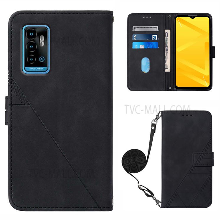 PB2-1 Series Anti-drop PU Leather Phone Cover Scratch-proof Wallet Stand Imprinted Phone Case with Shoulder Strap for ZTE Blade A71 - Black-1