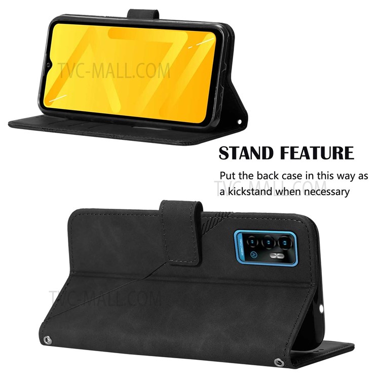 PB2-1 Series Anti-drop PU Leather Phone Cover Scratch-proof Wallet Stand Imprinted Phone Case with Shoulder Strap for ZTE Blade A71 - Black-5