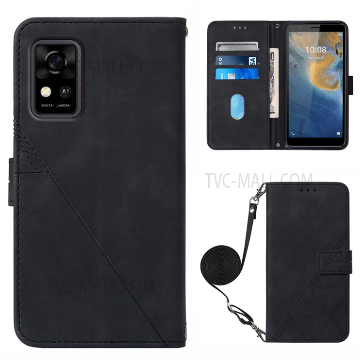 PB2-1 Series Imprinted PU Leather Anti-fall Phone Case Scratch-proof Stand Phone Case with Wallet Shoulder Strap for ZTE Blade A31 - Black-1