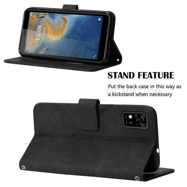 PB2-1 Series Imprinted PU Leather Anti-fall Phone Case Scratch-proof Stand Phone Case with Wallet Shoulder Strap for ZTE Blade A31 - Black-5