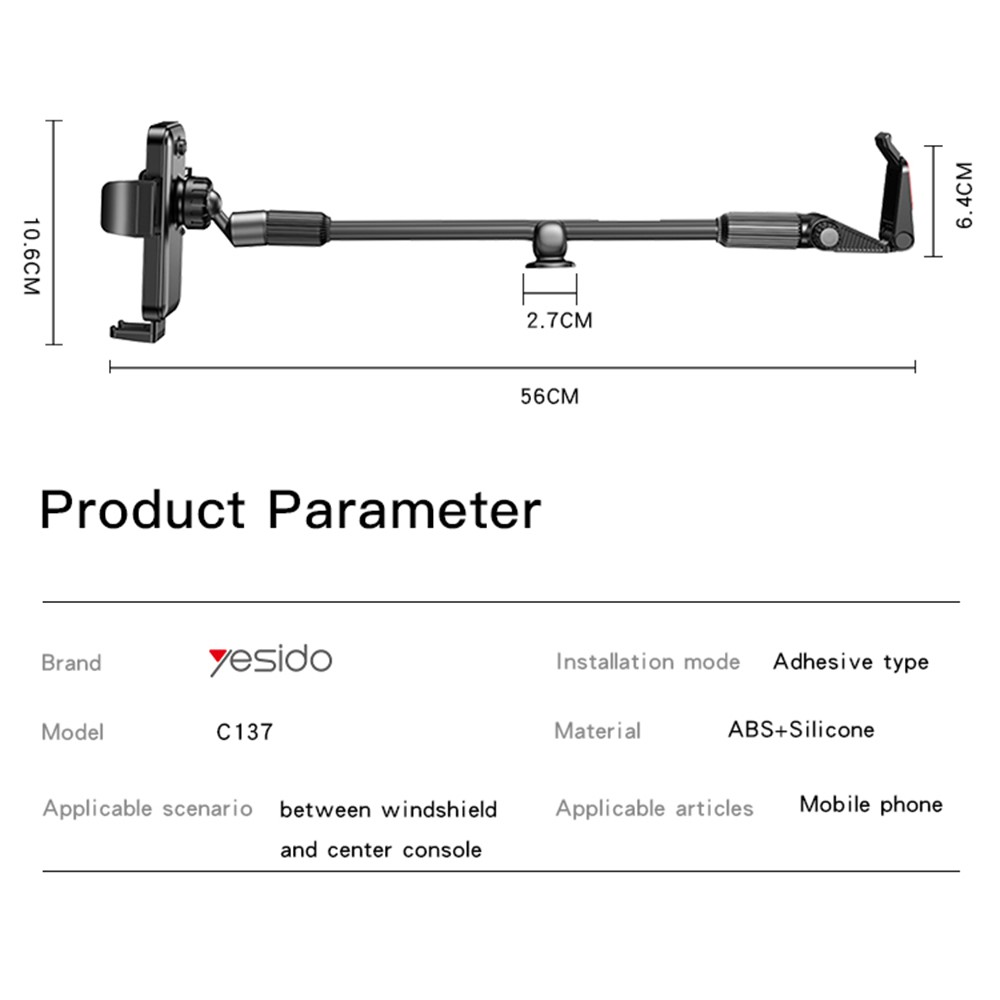 YESIDO C137 Windshield Car Phone Mount Long Arm Cell Phone Holder Clamp Base-13