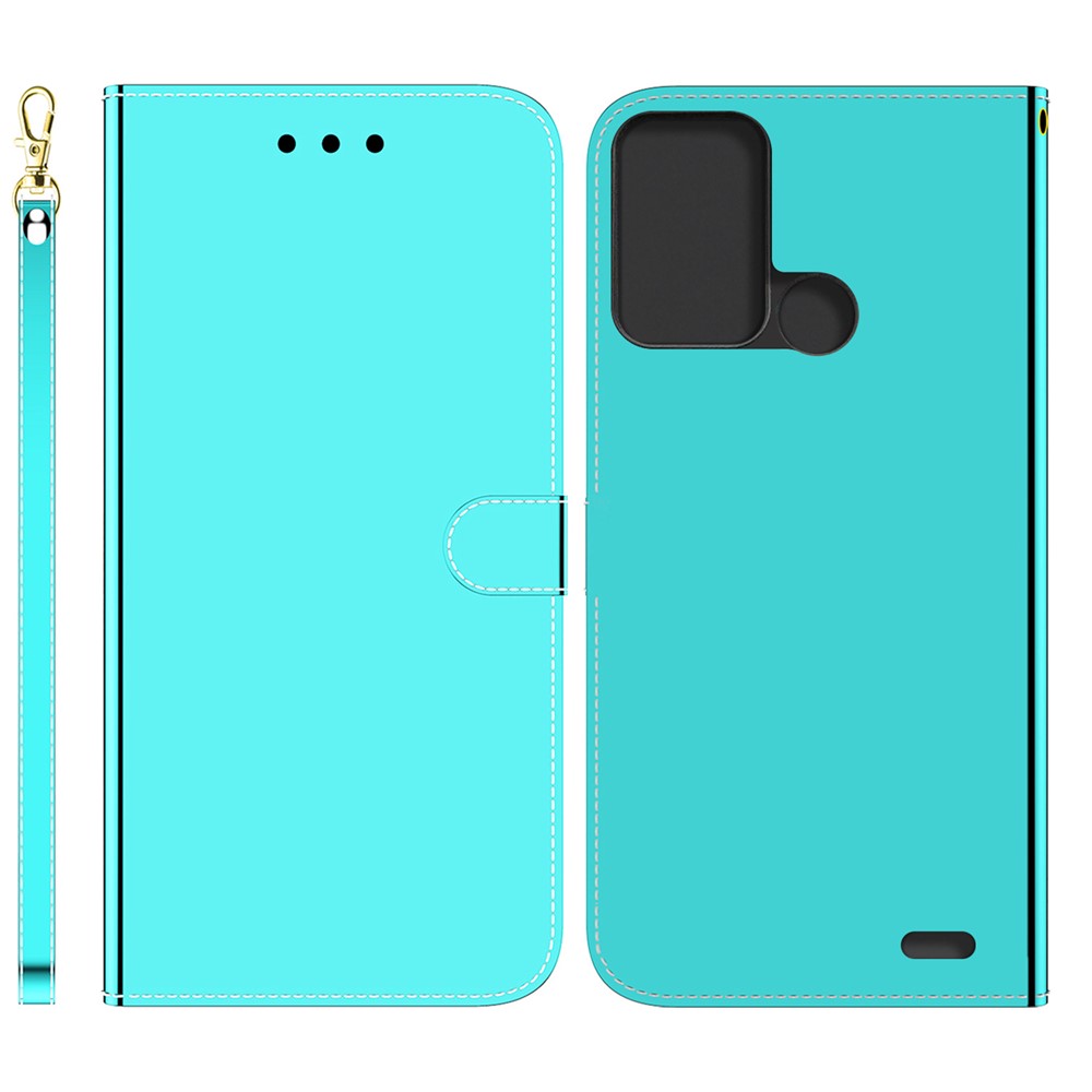 For ZTE Blade A52 Practical Mirror Surface Flip Folio Wallet Case PU Leather Stand Magnetic Closure Cover with Wrist Strap - Cyan-1
