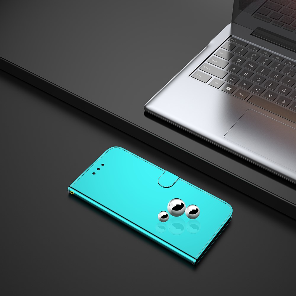 For ZTE Blade A52 Practical Mirror Surface Flip Folio Wallet Case PU Leather Stand Magnetic Closure Cover with Wrist Strap - Cyan-10