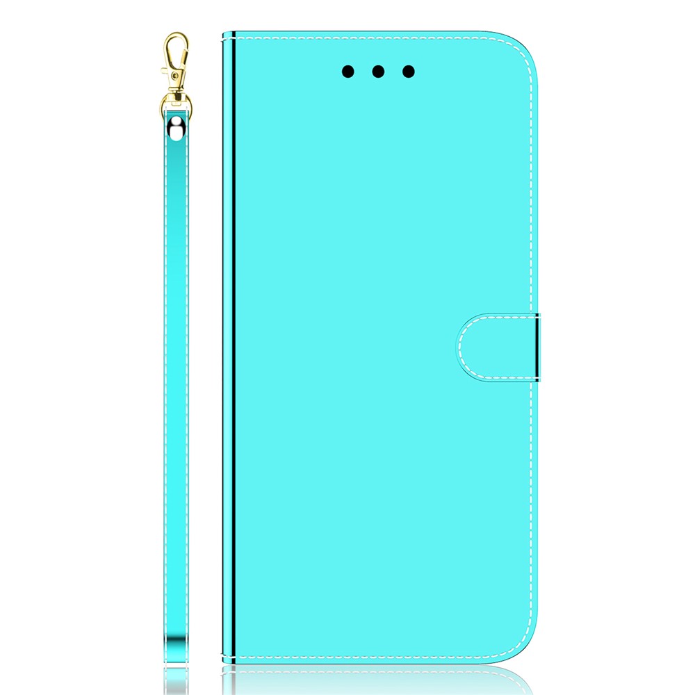 For ZTE Blade A52 Practical Mirror Surface Flip Folio Wallet Case PU Leather Stand Magnetic Closure Cover with Wrist Strap - Cyan-2