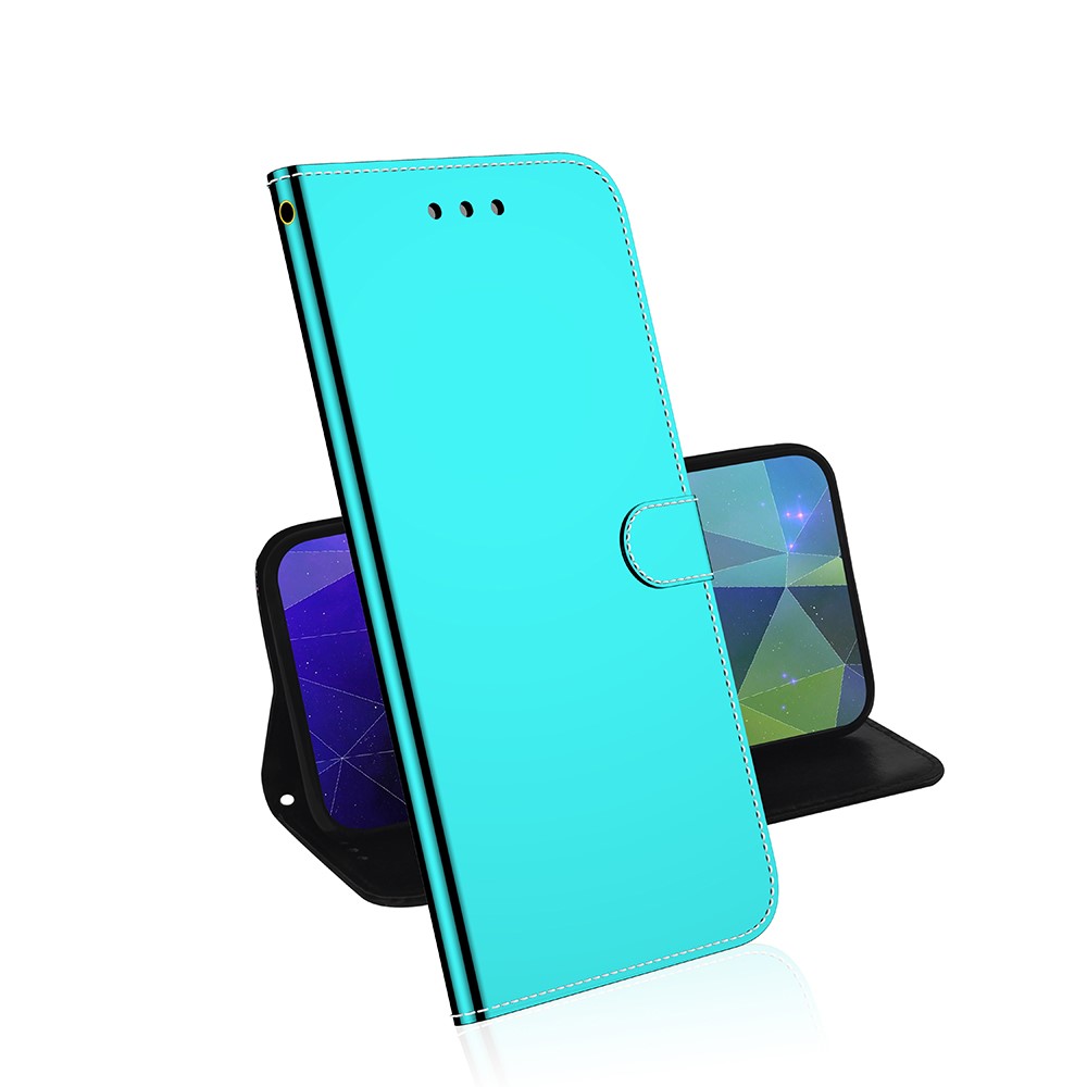 For ZTE Blade A52 Practical Mirror Surface Flip Folio Wallet Case PU Leather Stand Magnetic Closure Cover with Wrist Strap - Cyan-8