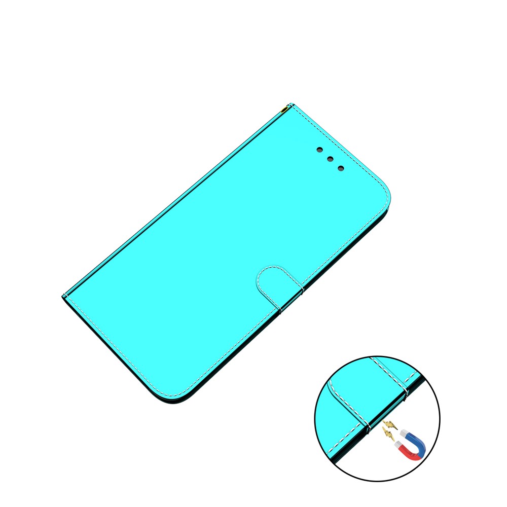 For ZTE Blade A52 Practical Mirror Surface Flip Folio Wallet Case PU Leather Stand Magnetic Closure Cover with Wrist Strap - Cyan-9