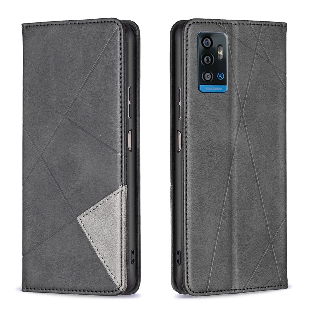 For ZTE Blade A71 All-round Shockproof Imprinting Pattern Splicing Design Cover with Card Slots Leather Viewing Stand Cell Phone Shell - Black-1