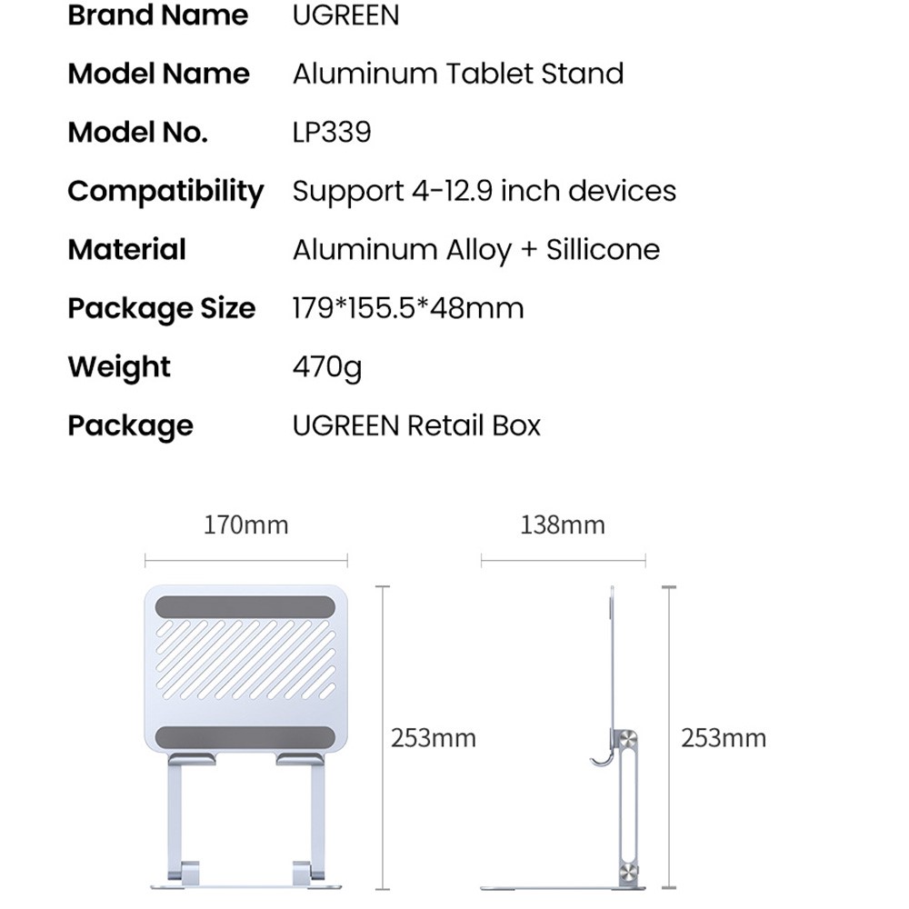 UGREEN 90396 Folding Portable Desktop Tablet Holder for iPad Pro Multi-Angle Adjustable Aluminum Stand Compatible with 4-12.9" Devices-11