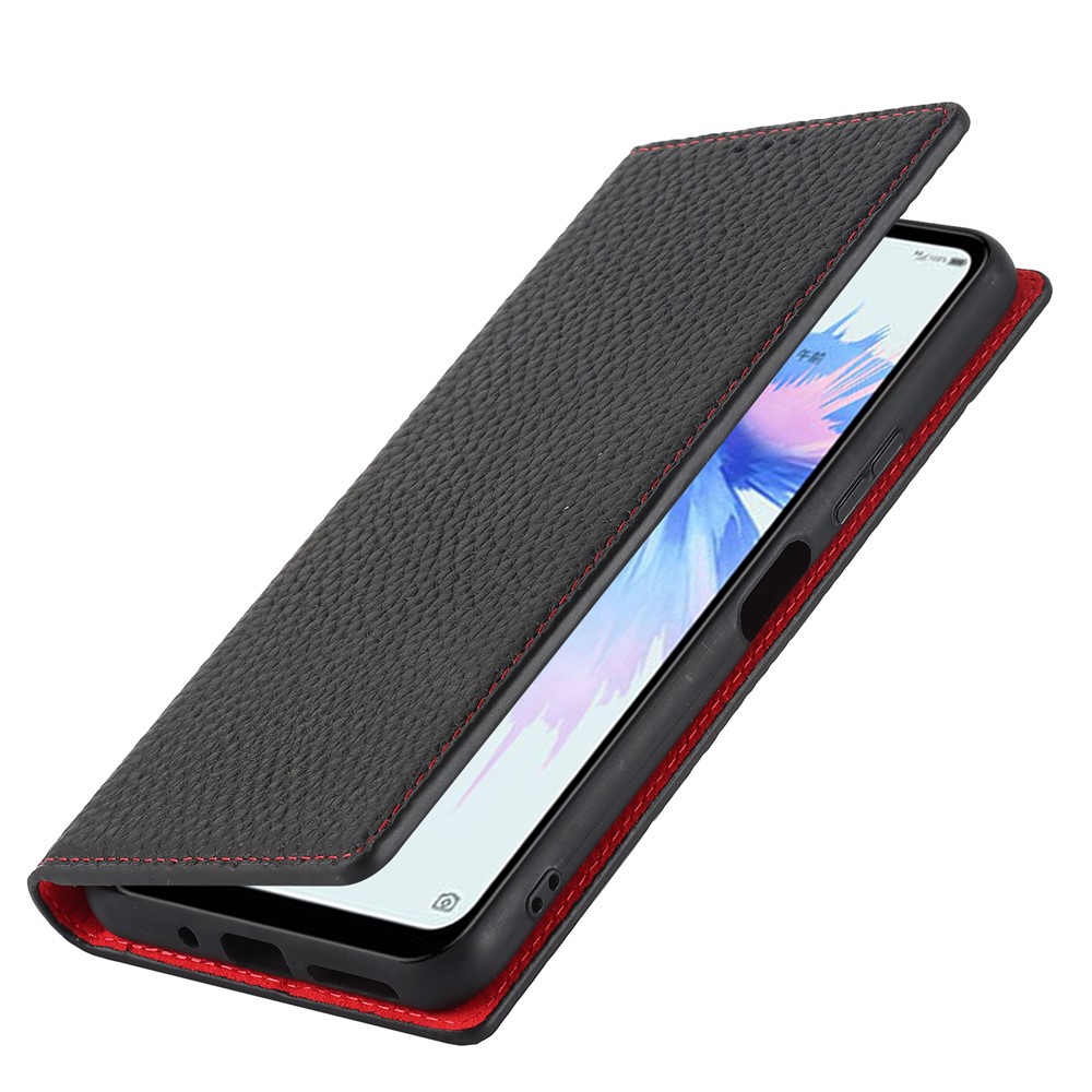 Litchi Texture Genuine Leather Case for ZTE Libero 5G II, Wallet Stand Protective Phone Cover with Hand Strap - Black-8
