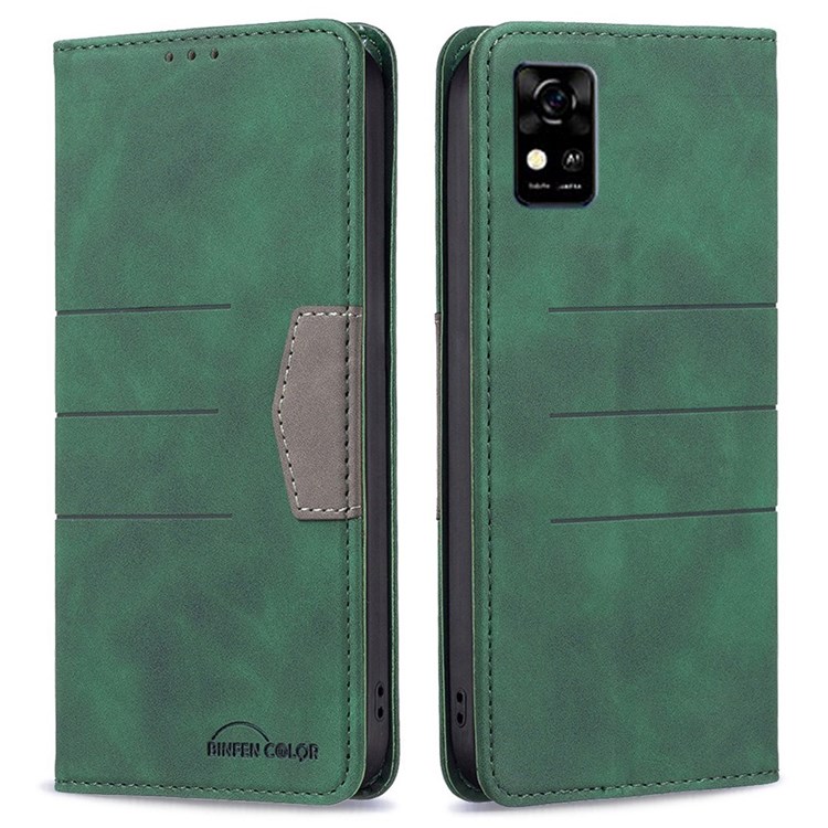 BINFEN COLOR BF Leather Series-1 for ZTE Blade A31 Magnetic PU Leather Stand Flip Cover 10 Color Splicing Lines Imprinted Magnetic Auto-absorbed Wallet Case - Green-1