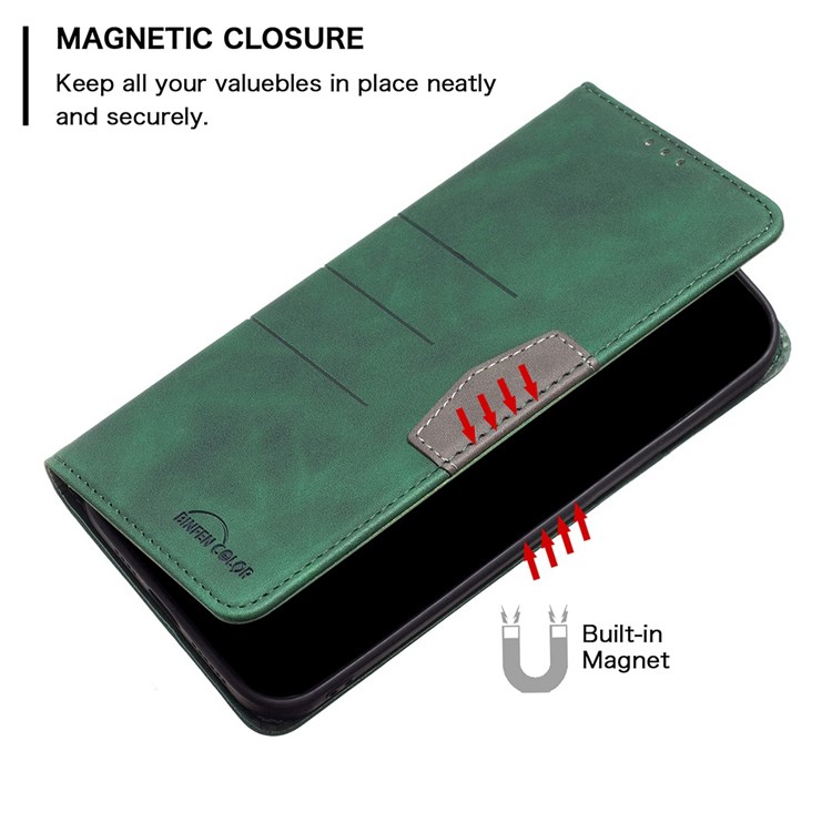 BINFEN COLOR BF Leather Series-1 for ZTE Blade A31 Magnetic PU Leather Stand Flip Cover 10 Color Splicing Lines Imprinted Magnetic Auto-absorbed Wallet Case - Green-4