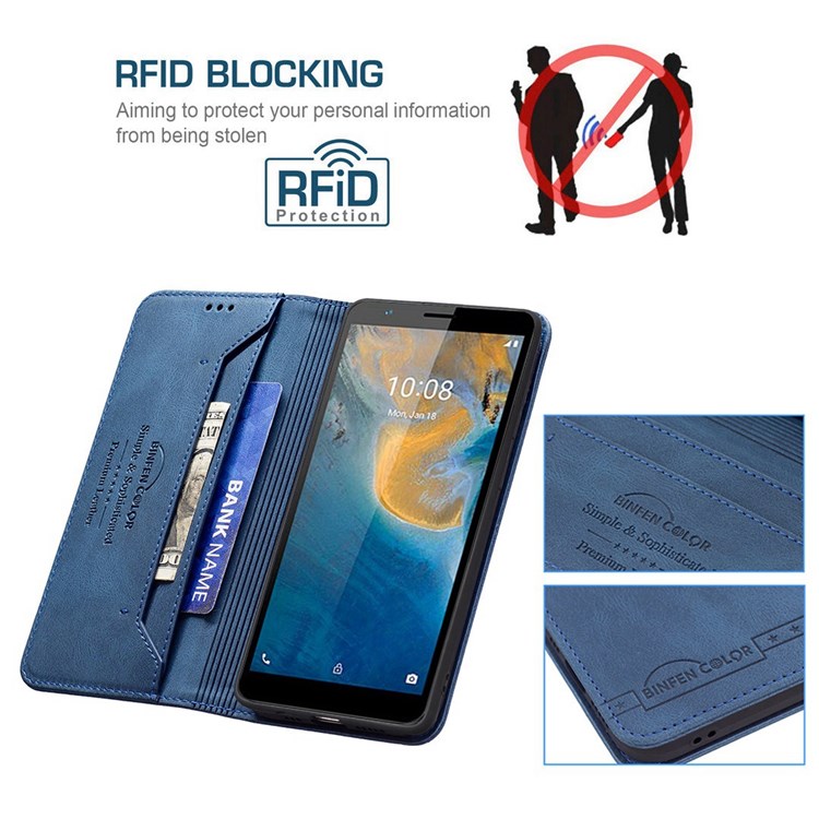BINFEN COLOR BF Leather Series-5 for ZTE Blade A31 Leather Flip RFID Blocking Case 08 Hidden Magnetic Absorption Stand TPU Inner Shell Phone Cover - Blue-3