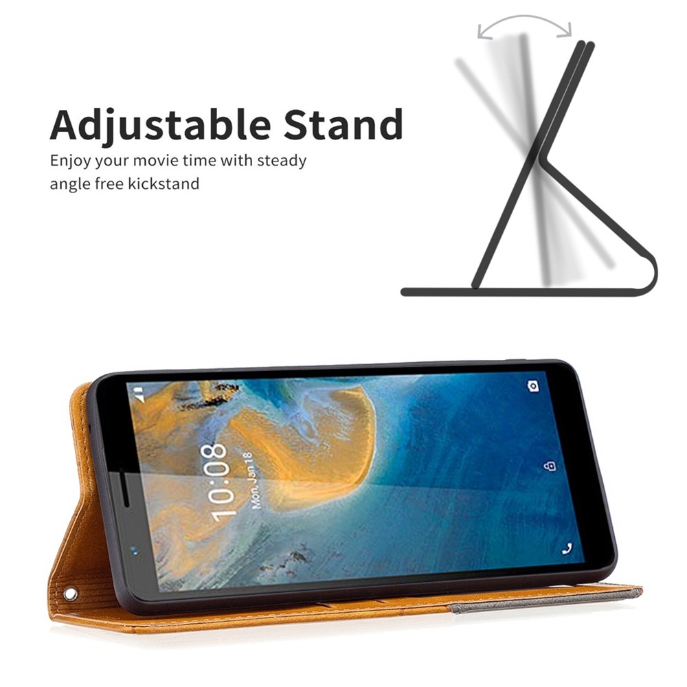 BF Imprinting Pattern Series-1 for ZTE Blade A31 Adjustable Stand PU Leather Case Rhombus Pattern Imprinted Magnetic Auto Closing Card Slot Shell - Brown-2