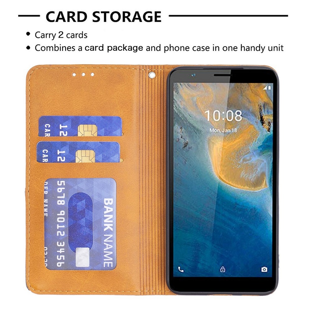 BF Imprinting Pattern Series-1 for ZTE Blade A31 Adjustable Stand PU Leather Case Rhombus Pattern Imprinted Magnetic Auto Closing Card Slot Shell - Brown-3