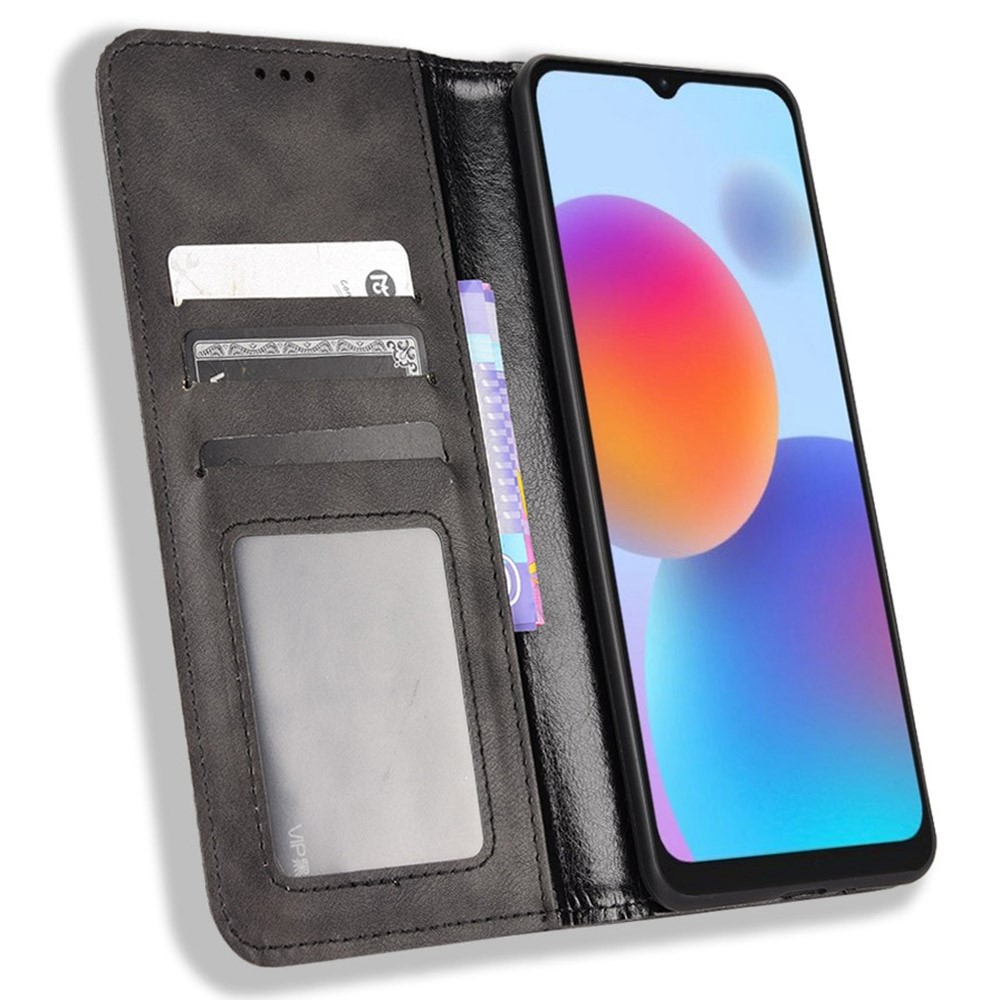 For ZTE Blade A52 Retro Texture Magnetic Auto-absorbed Phone Case PU Leather Wallet Stand Cover - Black-2