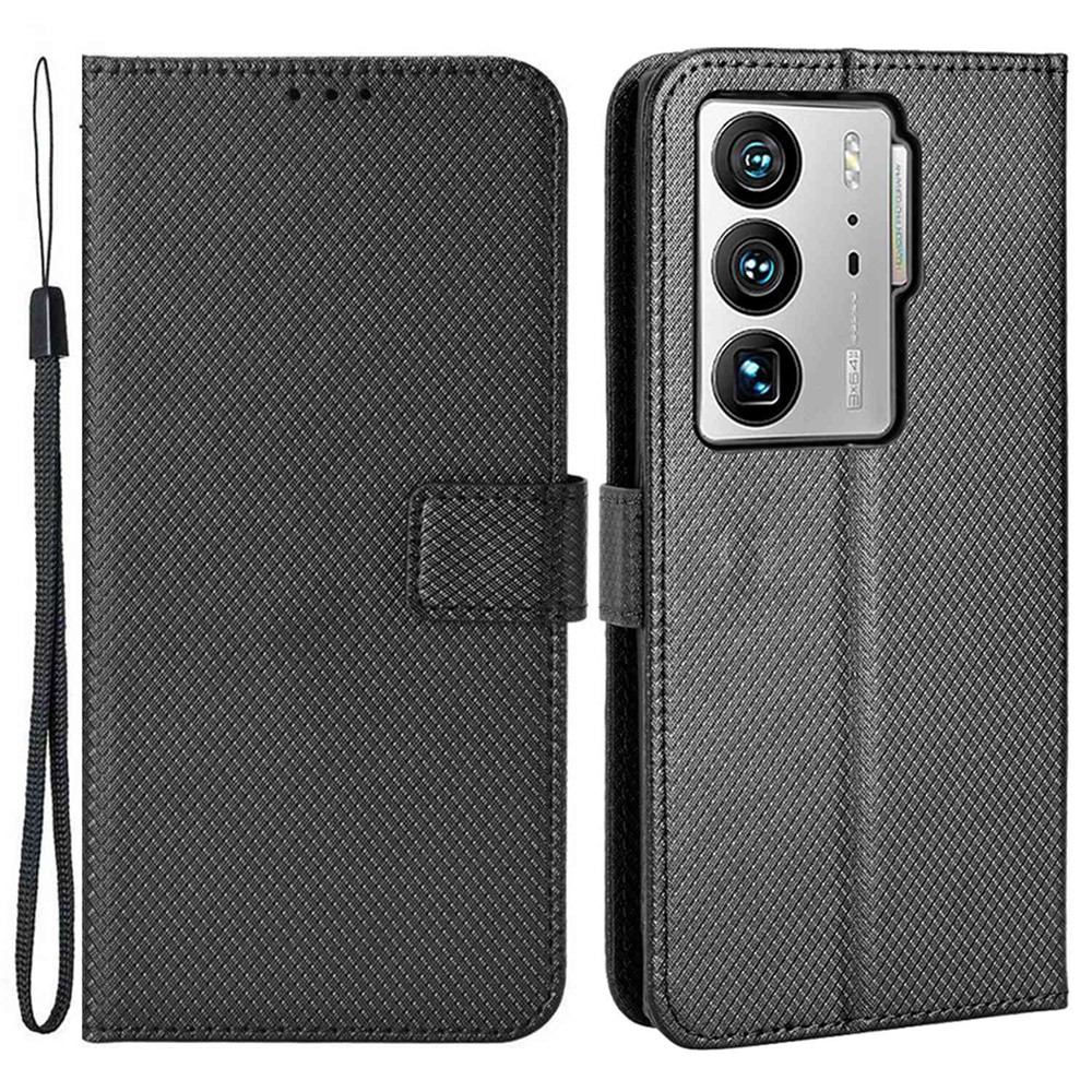 Diamond Texture Phone Case for ZTE Axon 40 Ultra 5G, Stand PU Leather Wallet Folio Flip Cover with Strap - Black-1